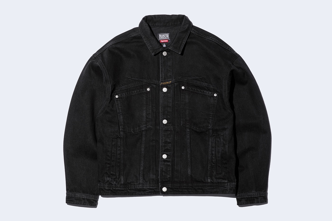 Supreme x Marithé + Françoise Girbaud Spring 2025 Collaboration french fashion house François Girbaud and Marithé Bachellerie western house M+FG   Leather Flight Bomber Jacket, Denim Trucker Jacket, Down Puffer Vest, Hockey Jersey, Hooded Sweatshirt, Leather Cargo Pant, Baggy Jean, Sweatpant, Denim Short, Tee, Camp Cap, Beanie, Tote Bag and Towel