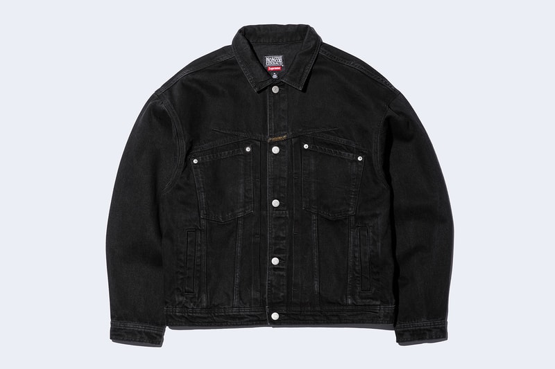 Supreme x Marithé + Françoise Girbaud Spring 2025 Collaboration french fashion house François Girbaud and Marithé Bachellerie western house M+FG   Leather Flight Bomber Jacket, Denim Trucker Jacket, Down Puffer Vest, Hockey Jersey, Hooded Sweatshirt, Leather Cargo Pant, Baggy Jean, Sweatpant, Denim Short, Tee, Camp Cap, Beanie, Tote Bag and Towel