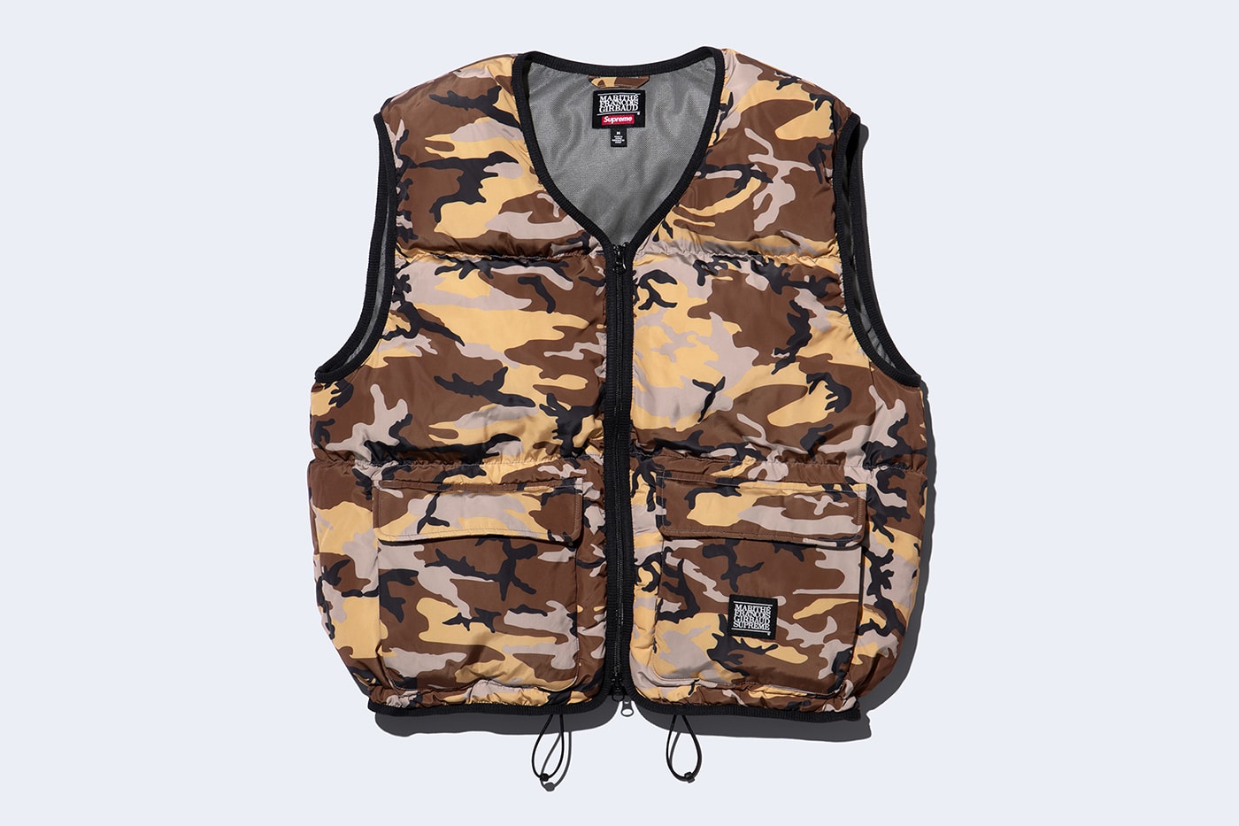 Supreme x Marithé + Françoise Girbaud Spring 2025 Collaboration french fashion house François Girbaud and Marithé Bachellerie western house M+FG   Leather Flight Bomber Jacket, Denim Trucker Jacket, Down Puffer Vest, Hockey Jersey, Hooded Sweatshirt, Leather Cargo Pant, Baggy Jean, Sweatpant, Denim Short, Tee, Camp Cap, Beanie, Tote Bag and Towel