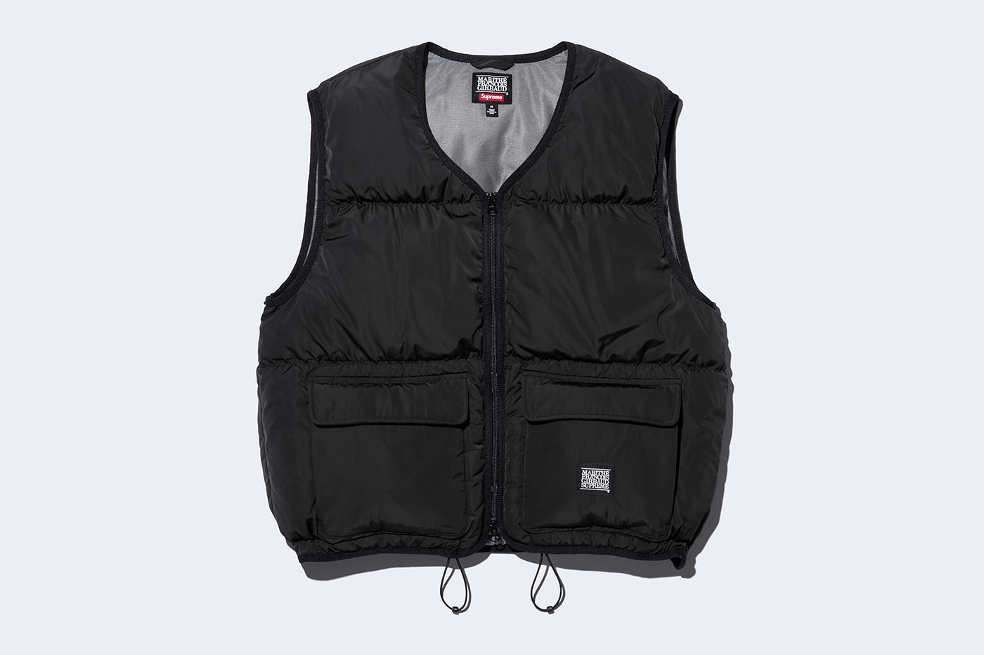 Supreme x Marithé + Françoise Girbaud Spring 2025 Collaboration french fashion house François Girbaud and Marithé Bachellerie western house M+FG   Leather Flight Bomber Jacket, Denim Trucker Jacket, Down Puffer Vest, Hockey Jersey, Hooded Sweatshirt, Leather Cargo Pant, Baggy Jean, Sweatpant, Denim Short, Tee, Camp Cap, Beanie, Tote Bag and Towel