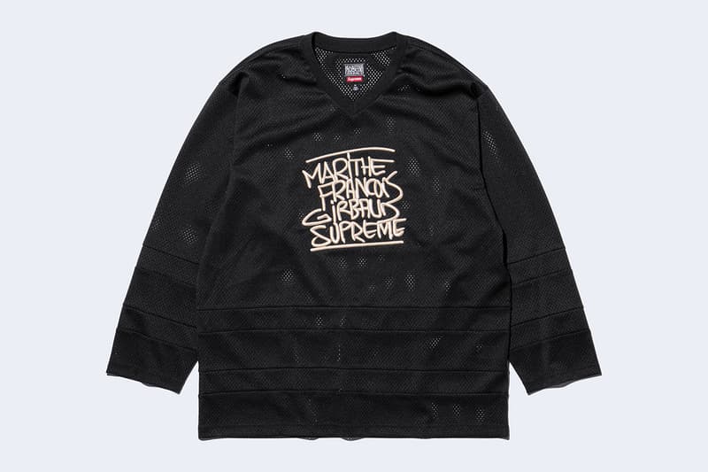 Supreme x Marithé + Françoise Girbaud Spring 2025 Collaboration french fashion house François Girbaud and Marithé Bachellerie western house M+FG   Leather Flight Bomber Jacket, Denim Trucker Jacket, Down Puffer Vest, Hockey Jersey, Hooded Sweatshirt, Leather Cargo Pant, Baggy Jean, Sweatpant, Denim Short, Tee, Camp Cap, Beanie, Tote Bag and Towel