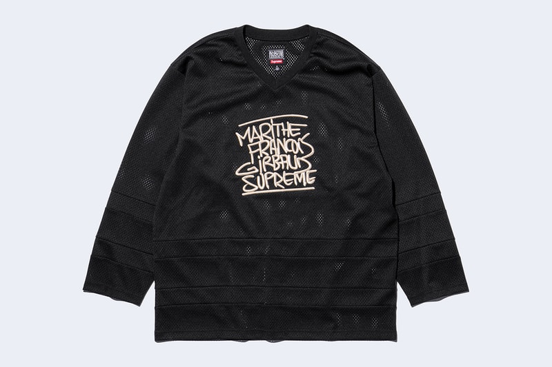 Supreme x Marithé + Françoise Girbaud Spring 2025 Collaboration french fashion house François Girbaud and Marithé Bachellerie western house M+FG   Leather Flight Bomber Jacket, Denim Trucker Jacket, Down Puffer Vest, Hockey Jersey, Hooded Sweatshirt, Leather Cargo Pant, Baggy Jean, Sweatpant, Denim Short, Tee, Camp Cap, Beanie, Tote Bag and Towel