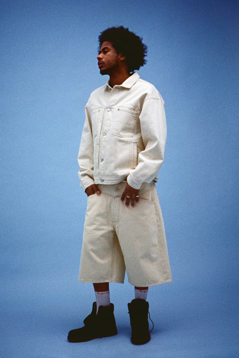 Supreme x Marithé + Françoise Girbaud Spring 2025 Collaboration french fashion house François Girbaud and Marithé Bachellerie western house M+FG   Leather Flight Bomber Jacket, Denim Trucker Jacket, Down Puffer Vest, Hockey Jersey, Hooded Sweatshirt, Leather Cargo Pant, Baggy Jean, Sweatpant, Denim Short, Tee, Camp Cap, Beanie, Tote Bag and Towel