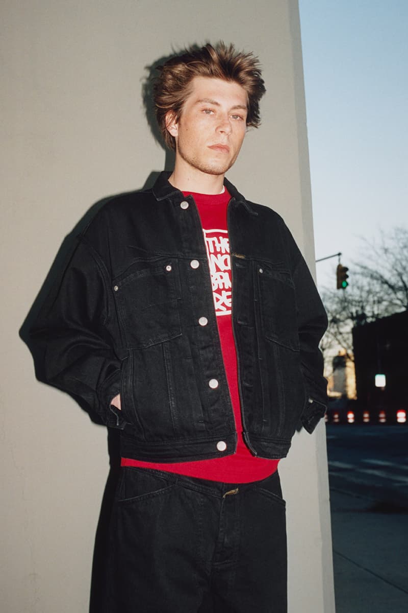 Supreme x Marithé + Françoise Girbaud Spring 2025 Collaboration french fashion house François Girbaud and Marithé Bachellerie western house M+FG   Leather Flight Bomber Jacket, Denim Trucker Jacket, Down Puffer Vest, Hockey Jersey, Hooded Sweatshirt, Leather Cargo Pant, Baggy Jean, Sweatpant, Denim Short, Tee, Camp Cap, Beanie, Tote Bag and Towel