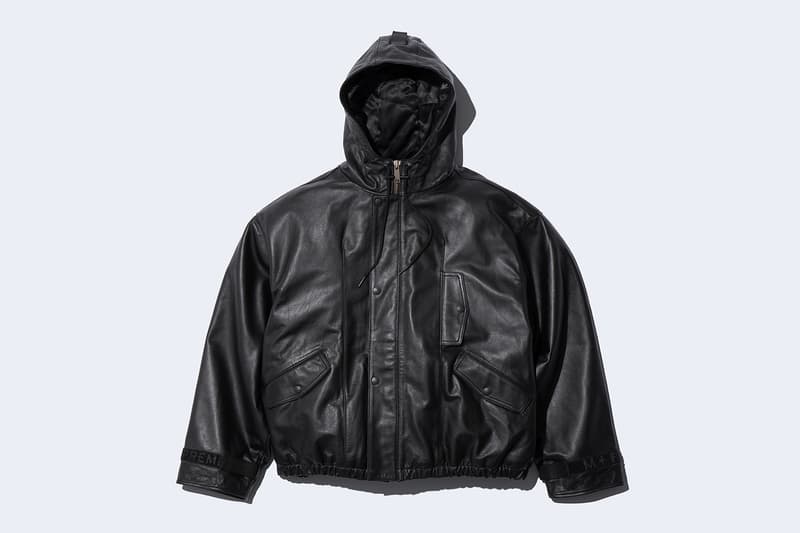 Supreme x Marithé + Françoise Girbaud Spring 2025 Collaboration french fashion house François Girbaud and Marithé Bachellerie western house M+FG   Leather Flight Bomber Jacket, Denim Trucker Jacket, Down Puffer Vest, Hockey Jersey, Hooded Sweatshirt, Leather Cargo Pant, Baggy Jean, Sweatpant, Denim Short, Tee, Camp Cap, Beanie, Tote Bag and Towel