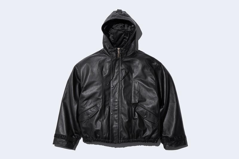 Supreme x Marithé + Françoise Girbaud Spring 2025 Collaboration french fashion house François Girbaud and Marithé Bachellerie western house M+FG   Leather Flight Bomber Jacket, Denim Trucker Jacket, Down Puffer Vest, Hockey Jersey, Hooded Sweatshirt, Leather Cargo Pant, Baggy Jean, Sweatpant, Denim Short, Tee, Camp Cap, Beanie, Tote Bag and Towel