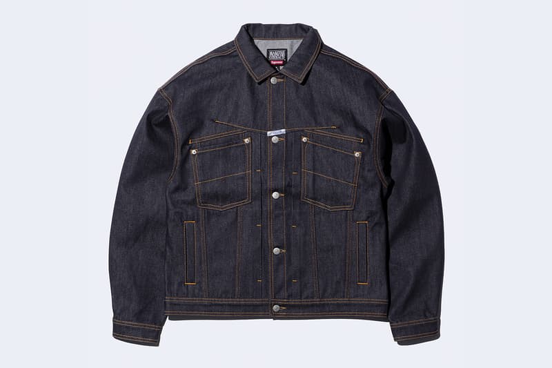 Supreme x Marithé + Françoise Girbaud Spring 2025 Collaboration french fashion house François Girbaud and Marithé Bachellerie western house M+FG   Leather Flight Bomber Jacket, Denim Trucker Jacket, Down Puffer Vest, Hockey Jersey, Hooded Sweatshirt, Leather Cargo Pant, Baggy Jean, Sweatpant, Denim Short, Tee, Camp Cap, Beanie, Tote Bag and Towel