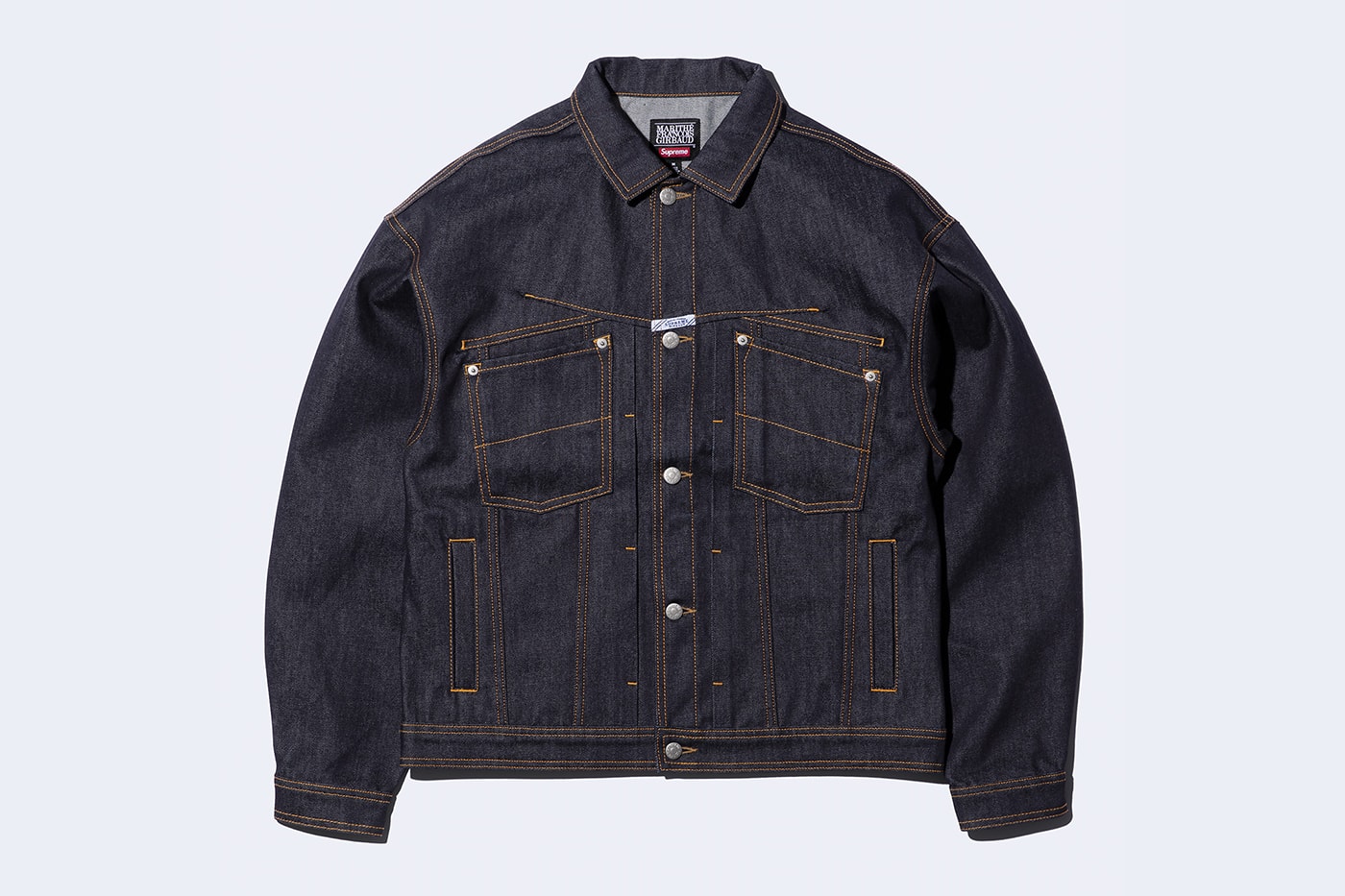 Supreme x Marithé + Françoise Girbaud Spring 2025 Collaboration french fashion house François Girbaud and Marithé Bachellerie western house M+FG   Leather Flight Bomber Jacket, Denim Trucker Jacket, Down Puffer Vest, Hockey Jersey, Hooded Sweatshirt, Leather Cargo Pant, Baggy Jean, Sweatpant, Denim Short, Tee, Camp Cap, Beanie, Tote Bag and Towel