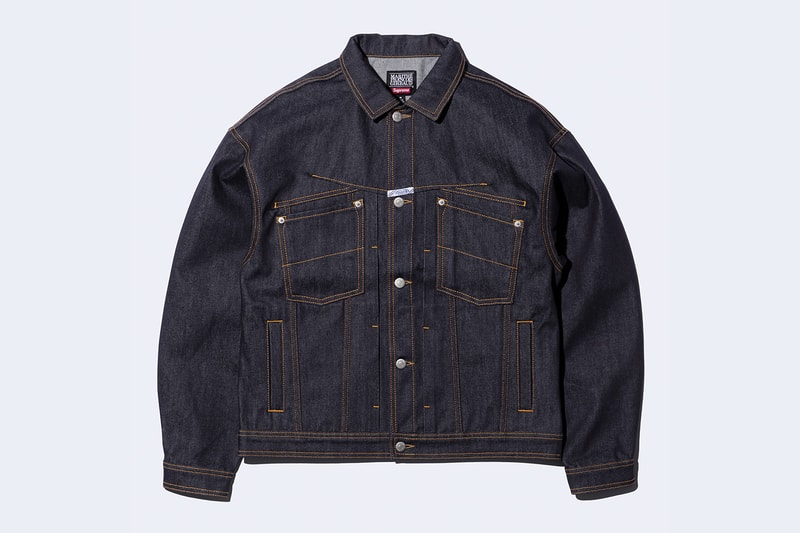 Supreme x Marithé + Françoise Girbaud Spring 2025 Collaboration french fashion house François Girbaud and Marithé Bachellerie western house M+FG   Leather Flight Bomber Jacket, Denim Trucker Jacket, Down Puffer Vest, Hockey Jersey, Hooded Sweatshirt, Leather Cargo Pant, Baggy Jean, Sweatpant, Denim Short, Tee, Camp Cap, Beanie, Tote Bag and Towel