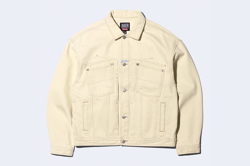 Supreme x Marithé + Françoise Girbaud Spring 2025 Collaboration french fashion house François Girbaud and Marithé Bachellerie western house M+FG   Leather Flight Bomber Jacket, Denim Trucker Jacket, Down Puffer Vest, Hockey Jersey, Hooded Sweatshirt, Leather Cargo Pant, Baggy Jean, Sweatpant, Denim Short, Tee, Camp Cap, Beanie, Tote Bag and Towel