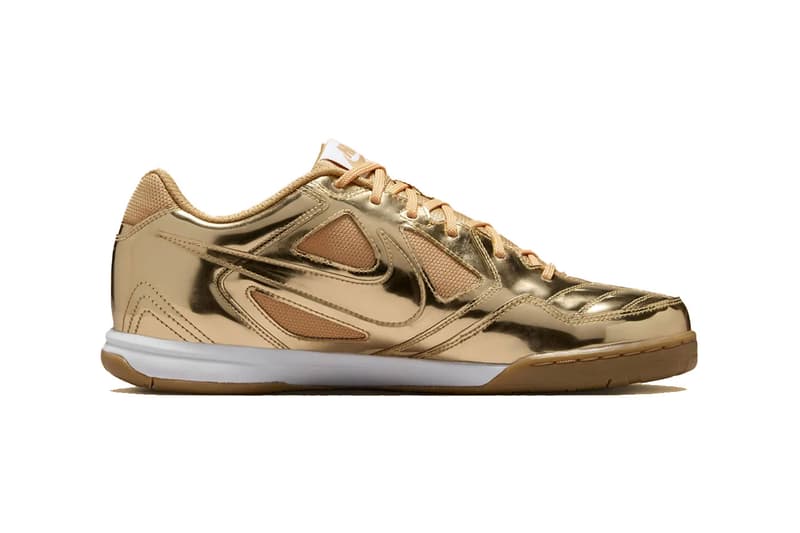 Nike Gato “Liquid Gold” IB3566-700 Release Info Metallic Gold/White-Gum Light Brown summer 2025 gold mesh gum outsole flat soled swoosh sneaker footwear