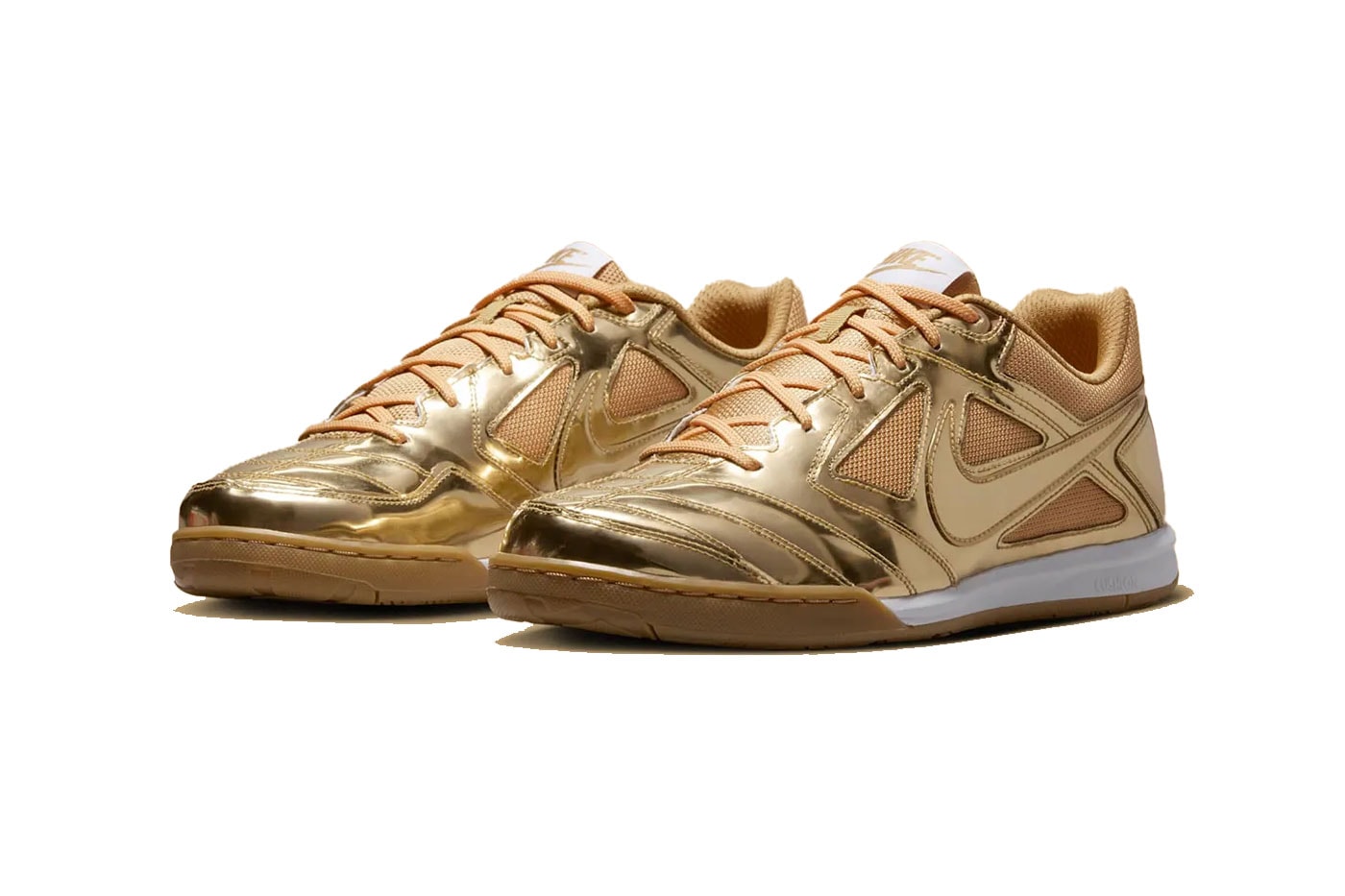 Nike Gato “Liquid Gold” IB3566-700 Release Info  Metallic Gold/White-Gum Light Brown summer 2025 gold mesh gum outsole flat soled swoosh sneaker footwear