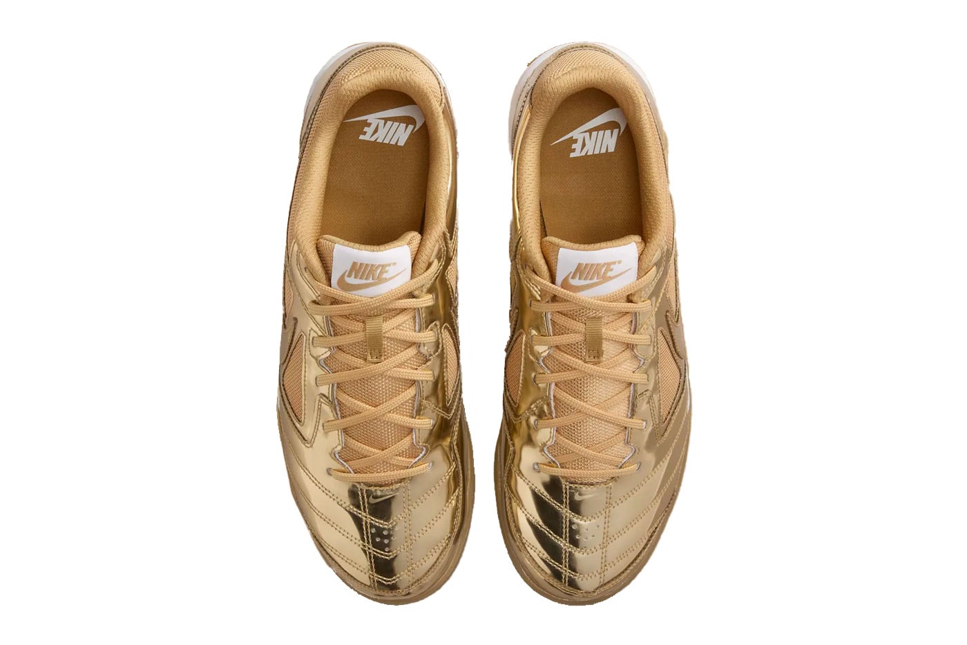 Nike Gato “Liquid Gold” IB3566-700 Release Info  Metallic Gold/White-Gum Light Brown summer 2025 gold mesh gum outsole flat soled swoosh sneaker footwear