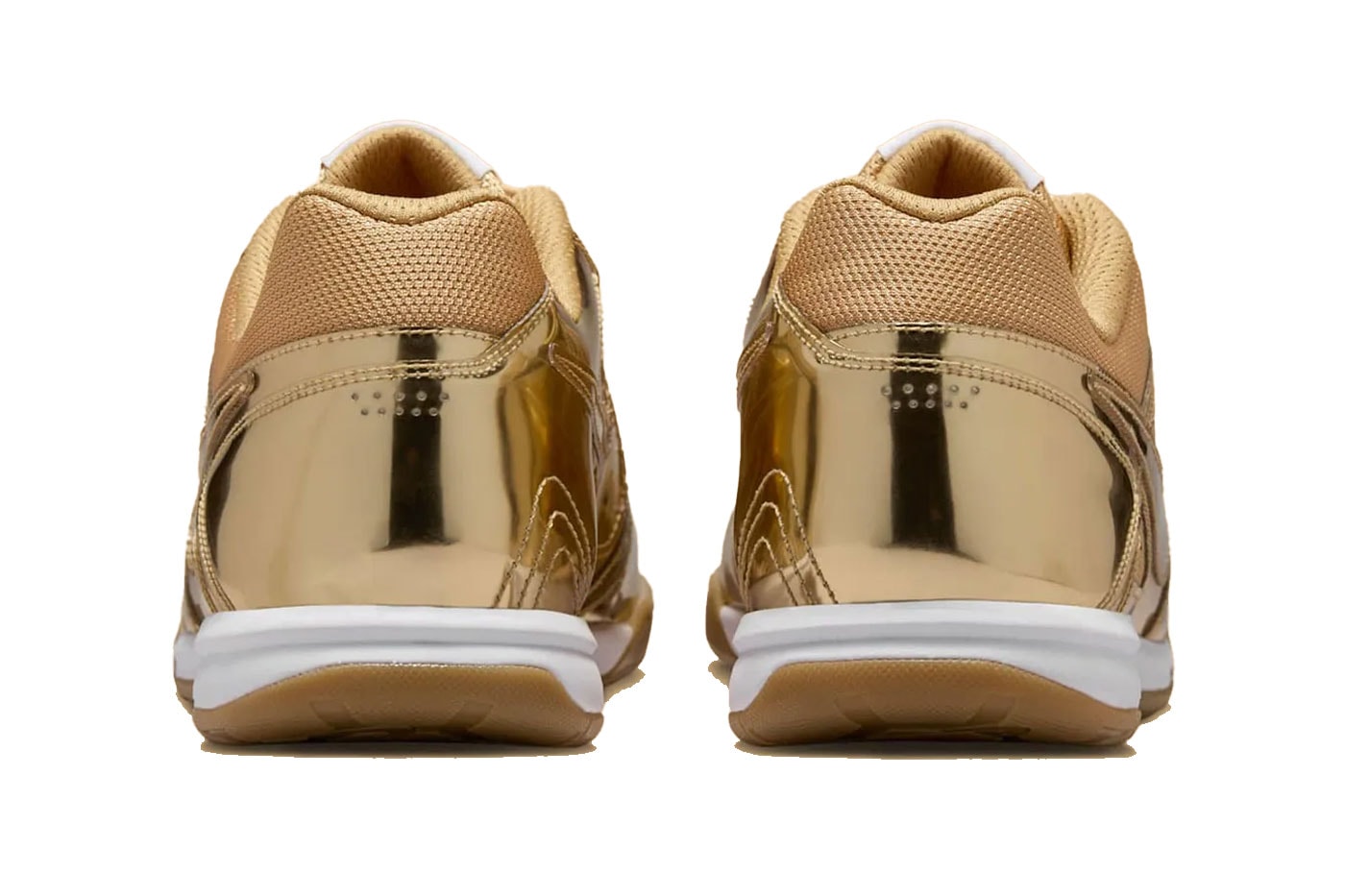 Nike Gato “Liquid Gold” IB3566-700 Release Info  Metallic Gold/White-Gum Light Brown summer 2025 gold mesh gum outsole flat soled swoosh sneaker footwear