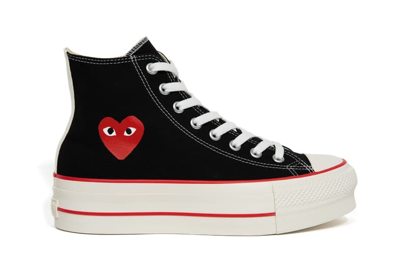 play comme des garcons converse with the hearts chuck taylor all star platform white black red official release date info photos price store list buying guide