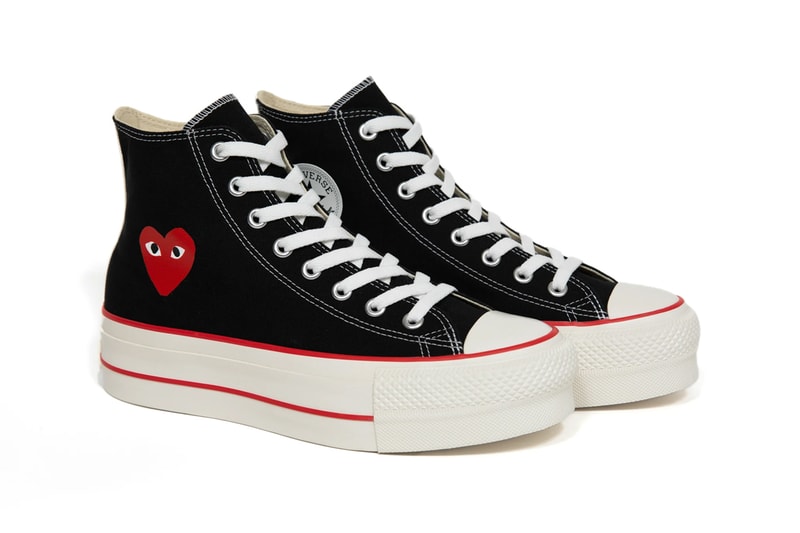 play comme des garcons converse with the hearts chuck taylor all star platform white black red official release date info photos price store list buying guide