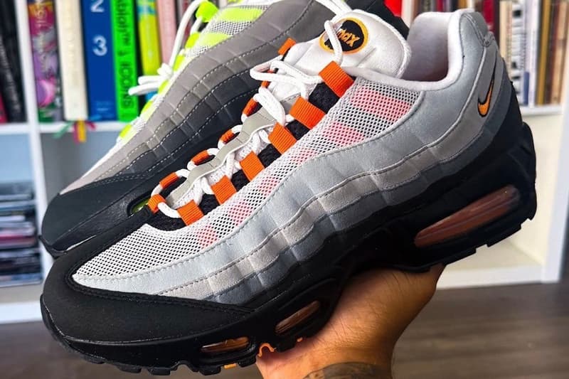 Nike Air Max 95 OG Surfaces in "Bright Mandarin" White/Bright Mandarin-Wolf Grey HM4740-005 neon swoosh