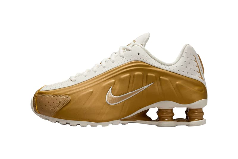 Nike Shox R4 "Metallic Gold" Soft Pearl/Metallic Gold AR3565-010 futuristic martine rose swoosh white gold