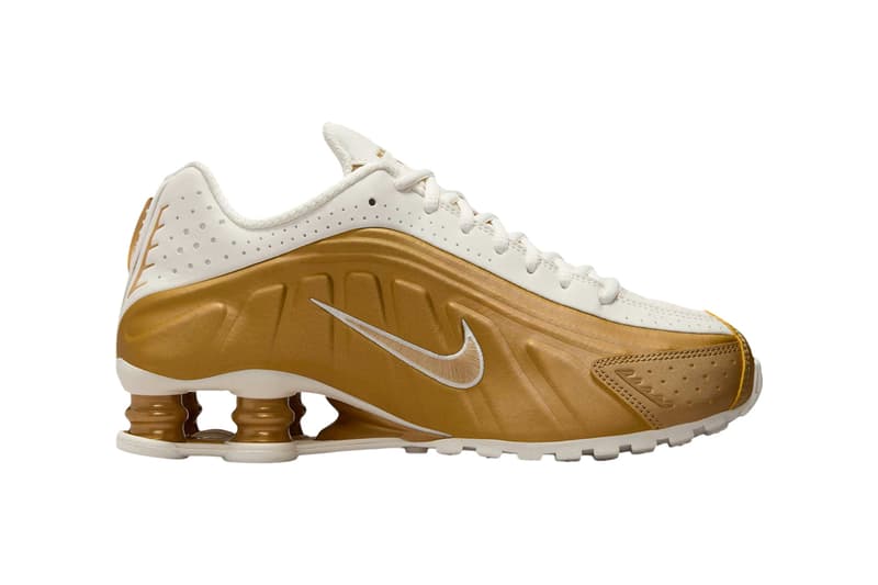Nike Shox R4 "Metallic Gold" Soft Pearl/Metallic Gold AR3565-010 futuristic martine rose swoosh white gold