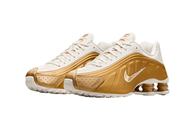 Nike Shox R4 "Metallic Gold" Soft Pearl/Metallic Gold AR3565-010 futuristic martine rose swoosh white gold