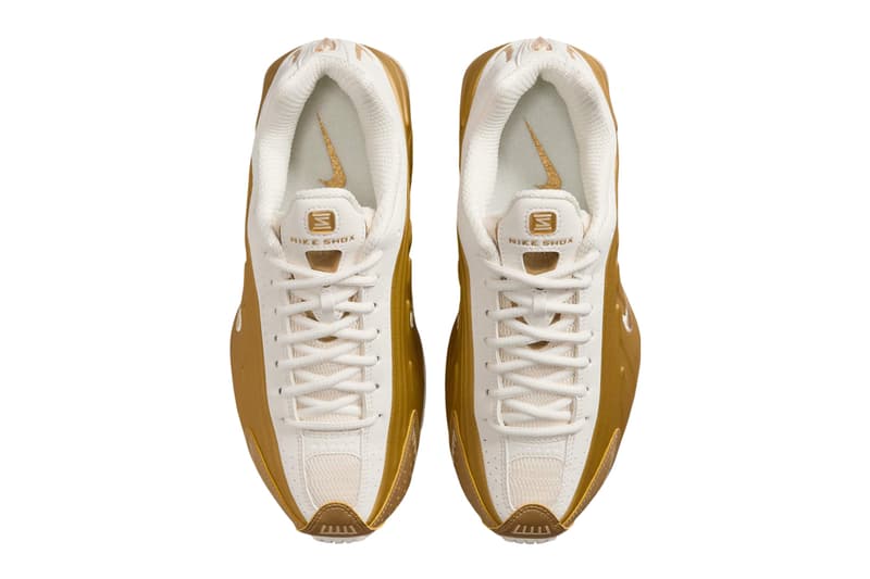 Nike Shox R4 "Metallic Gold" Soft Pearl/Metallic Gold AR3565-010 futuristic martine rose swoosh white gold