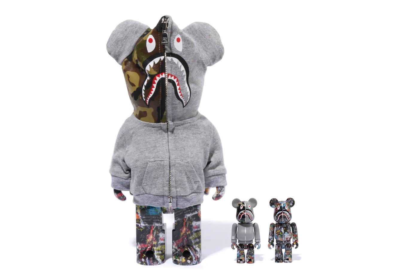 BAPE Releases BE@RBRICK "LEGACY CAMO SHARK" Collection medicom toy on going collaboration flyer pattern shark hoodie