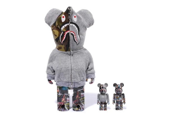 BAPE Releases BE@RBRICK "LEGACY CAMO SHARK" Collection medicom toy on going collaboration flyer pattern shark hoodie