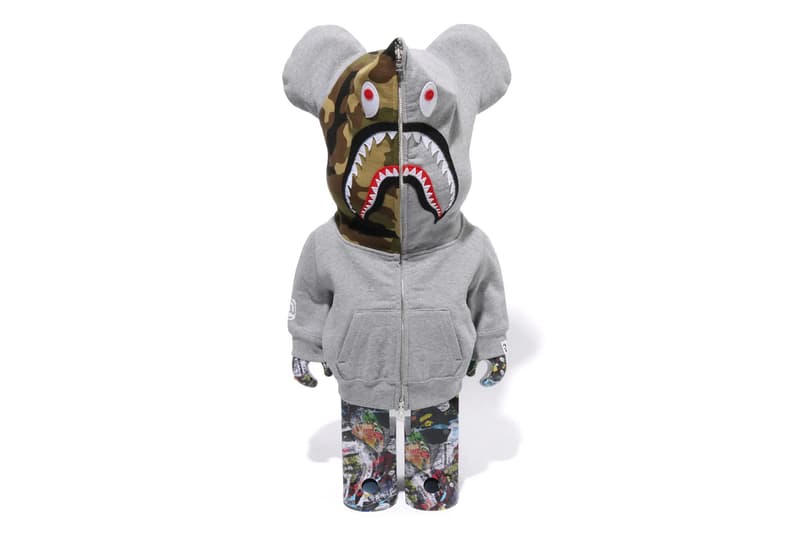 BAPE Releases BE@RBRICK "LEGACY CAMO SHARK" Collection medicom toy on going collaboration flyer pattern shark hoodie