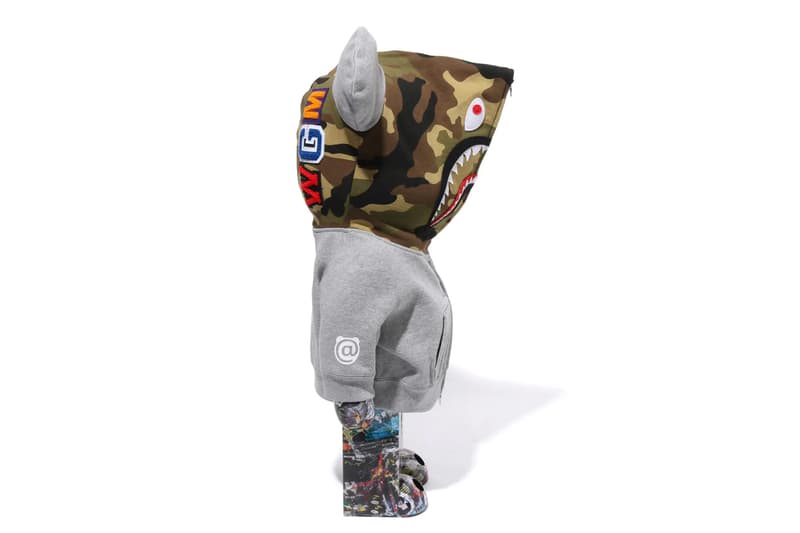 BAPE Releases BE@RBRICK "LEGACY CAMO SHARK" Collection medicom toy on going collaboration flyer pattern shark hoodie