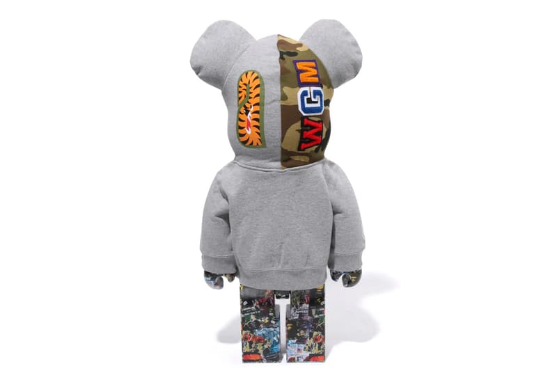 BAPE Releases BE@RBRICK "LEGACY CAMO SHARK" Collection medicom toy on going collaboration flyer pattern shark hoodie