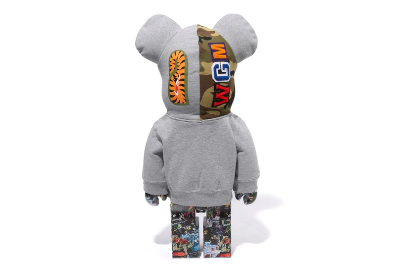 BAPE Releases BE@RBRICK "LEGACY CAMO SHARK" Collection medicom toy on going collaboration flyer pattern shark hoodie