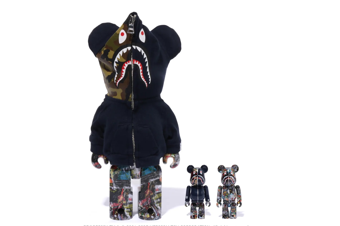 BAPE Releases BE@RBRICK "LEGACY CAMO SHARK" Collection medicom toy on going collaboration flyer pattern shark hoodie