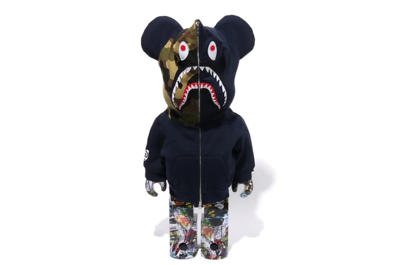 BAPE Releases BE@RBRICK "LEGACY CAMO SHARK" Collection medicom toy on going collaboration flyer pattern shark hoodie