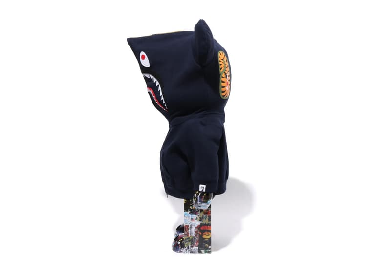 BAPE Releases BE@RBRICK "LEGACY CAMO SHARK" Collection medicom toy on going collaboration flyer pattern shark hoodie