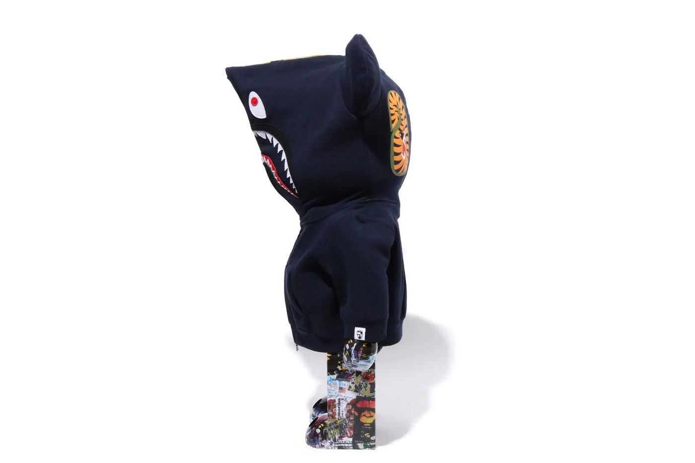 BAPE Releases BE@RBRICK "LEGACY CAMO SHARK" Collection medicom toy on going collaboration flyer pattern shark hoodie
