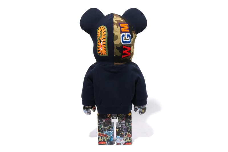 BAPE Releases BE@RBRICK "LEGACY CAMO SHARK" Collection medicom toy on going collaboration flyer pattern shark hoodie