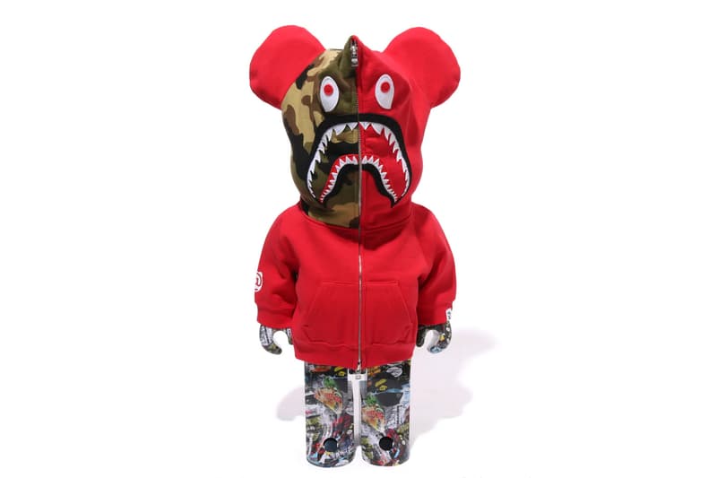 BAPE Releases BE@RBRICK "LEGACY CAMO SHARK" Collection medicom toy on going collaboration flyer pattern shark hoodie