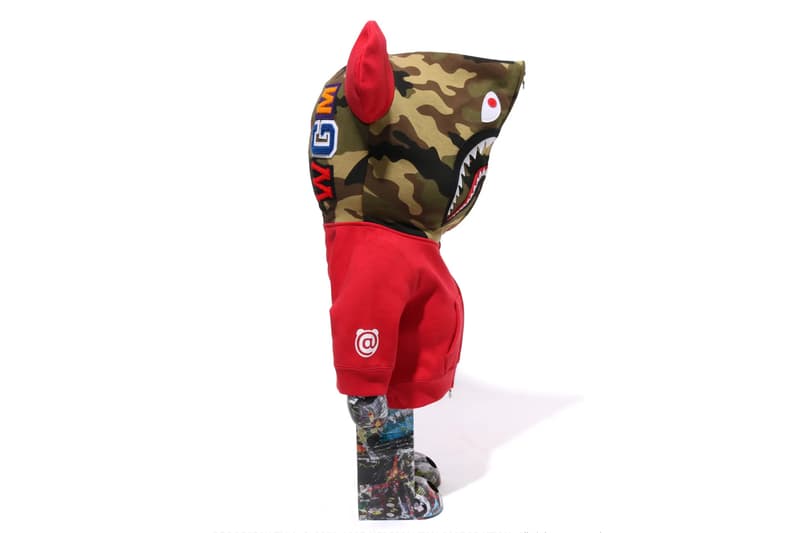 BAPE Releases BE@RBRICK "LEGACY CAMO SHARK" Collection medicom toy on going collaboration flyer pattern shark hoodie