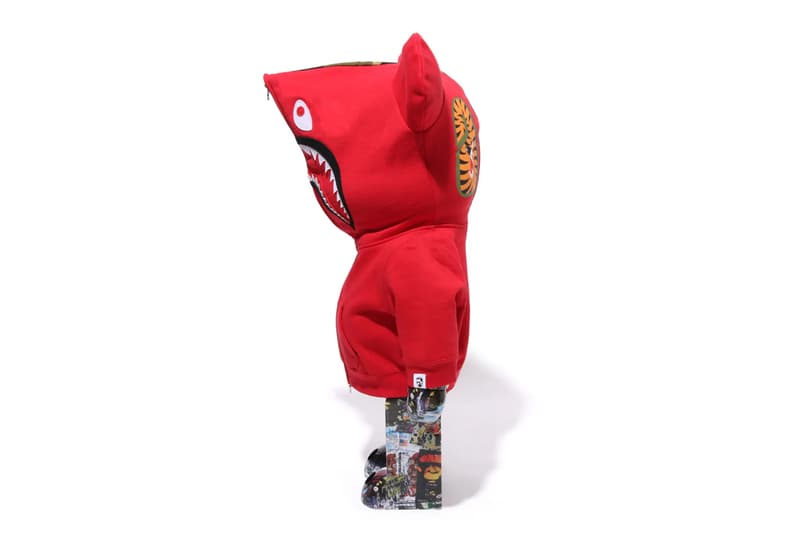 BAPE Releases BE@RBRICK "LEGACY CAMO SHARK" Collection medicom toy on going collaboration flyer pattern shark hoodie