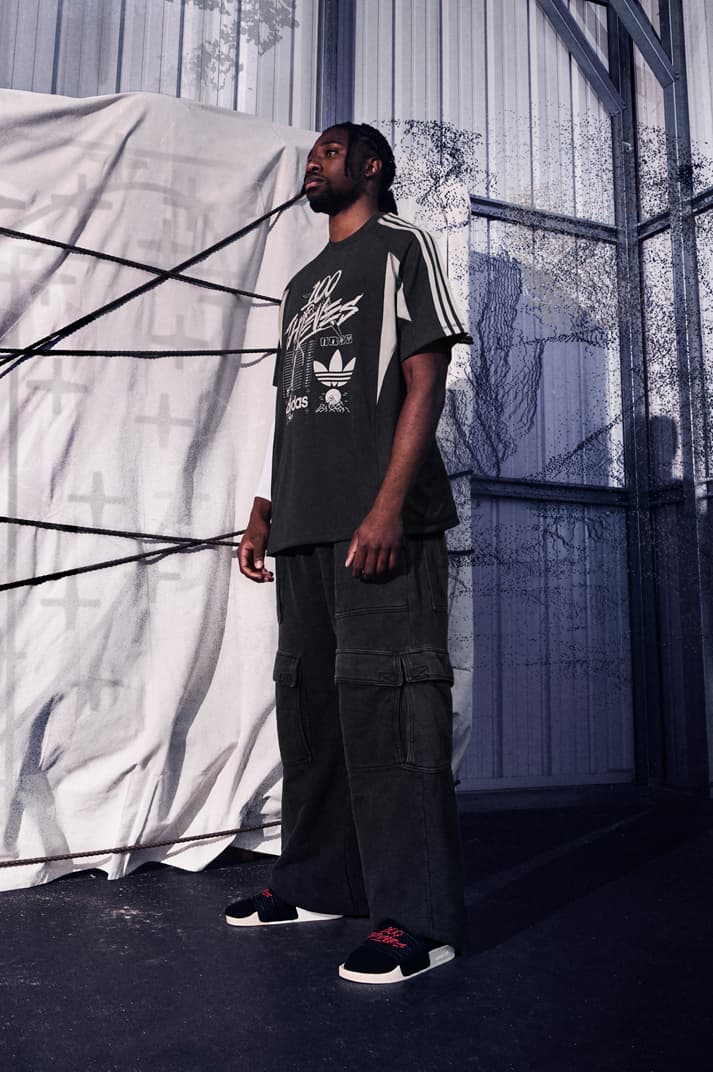 Noah Lyles Leads adidas Originals x 100 Thieves to Victory collab third release info capsule collection lookbook sneaker collaboration adilette slide 100t savage pallos hills sneaker footwear price clothes