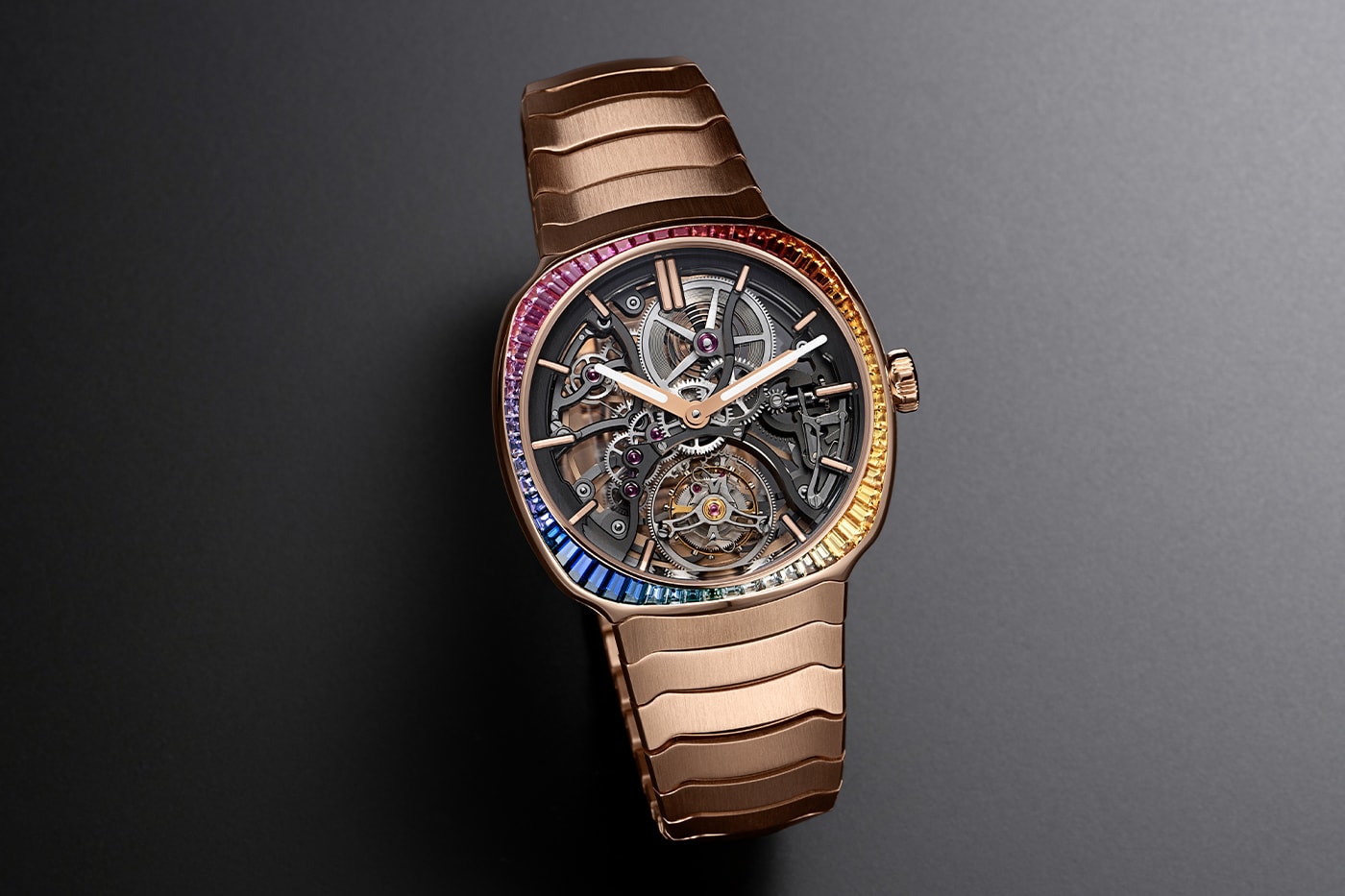 H. Moser & Cie. Streamliner Tourbillon Skeleton Rainbow Release Info 60 baguette-cut sapphires HMC 814 movement