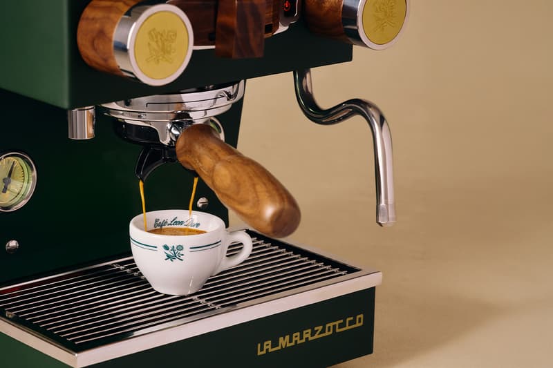 Café Leon Dore and La Morzocco Team Up for New Collaborative Capsule cloths coffee machine apron artisinal coffee curated menu 
