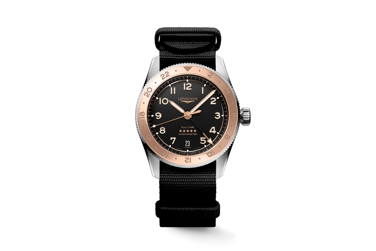 Longines Spirit Zulu Time 1925, edição de aniversário de 100 anos, relógio de pulso com dois fusos horários, comemorativo, Henry Cavill, meridiano zero de Greenwich, detalhes em ouro rosa, gravação de planisfério, 39mm, pulseira NATO e bracelete em aço inoxidável