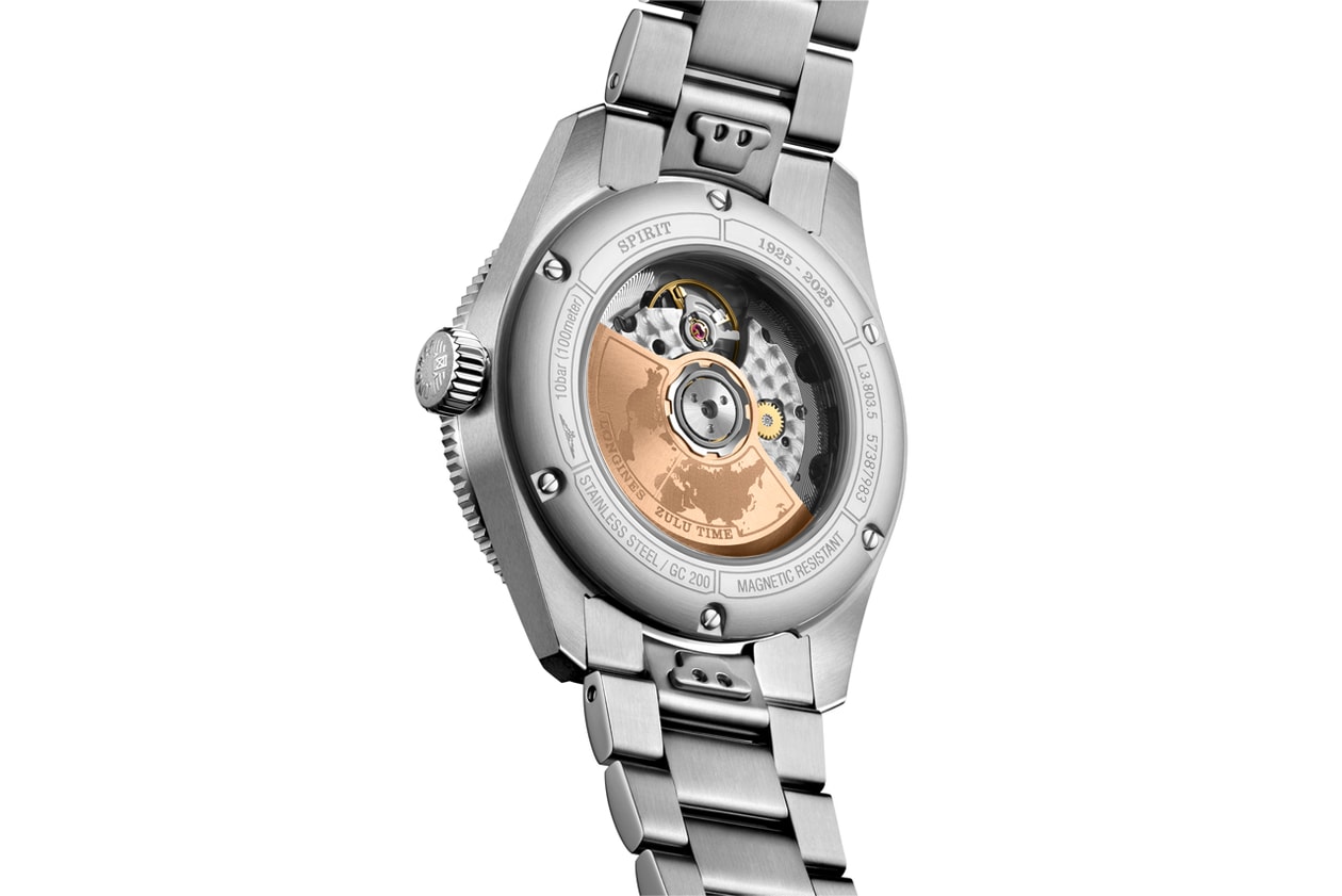 Longines Spirit Zulu Time 1925, edição de aniversário de 100 anos, relógio de pulso com dois fusos horários, comemorativo, Henry Cavill, meridiano zero de Greenwich, detalhes em ouro rosa, gravação de planisfério, 39mm, pulseira NATO e bracelete em aço inoxidável