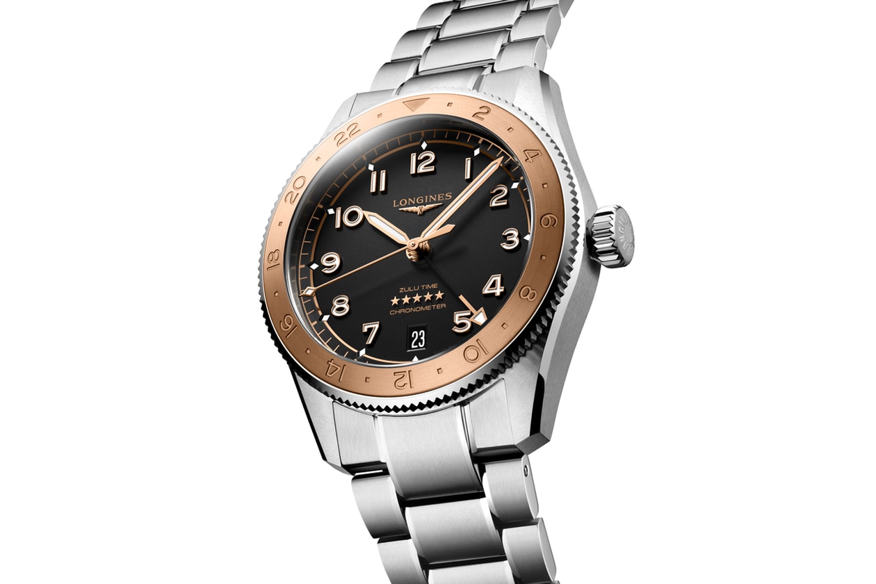 Longines Spirit Zulu Time 1925, edição de aniversário de 100 anos, relógio de pulso com dois fusos horários, comemorativo, Henry Cavill, meridiano zero de Greenwich, detalhes em ouro rosa, gravação de planisfério, 39mm, pulseira NATO e bracelete em aço inoxidável