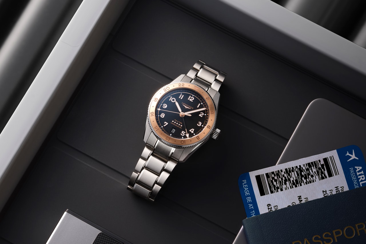 longines spirit zulu time 1925 anniversary 100 years wristwatch dual time zone commemorative henry cavill zero median greenwich rose gold alloy accents planisphere engraving 39mm nato strap stainless steel bracelet 