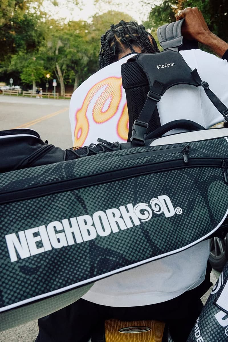 malbon golf neighborhood collaboration collection 2025 polo mock neck bag glove towel t shirt graphic camo