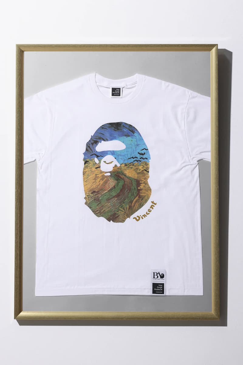 BAPE Teams up With the Van Gogh Museum on Limited Edition Capsule french artist self portrait in a gray felt hat blooming plum archard yellow house sunflowers blooming almonds wheat field with crows ape head