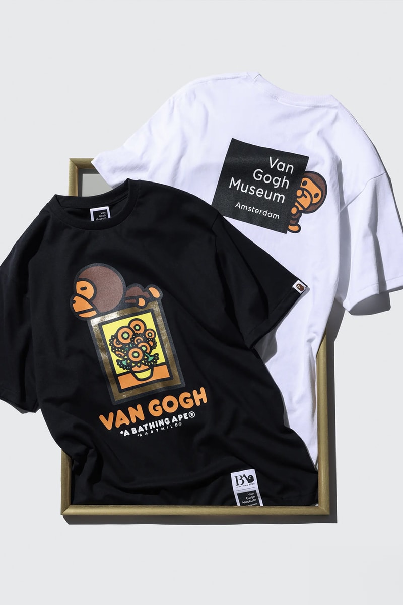 BAPE Teams up With the Van Gogh Museum on Limited Edition Capsule french artist self portrait in a gray felt hat blooming plum archard yellow house sunflowers blooming almonds wheat field with crows ape head 