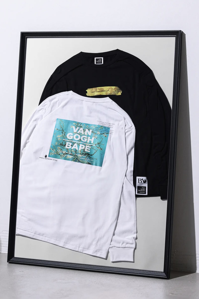 BAPE Teams up With the Van Gogh Museum on Limited Edition Capsule french artist self portrait in a gray felt hat blooming plum archard yellow house sunflowers blooming almonds wheat field with crows ape head 